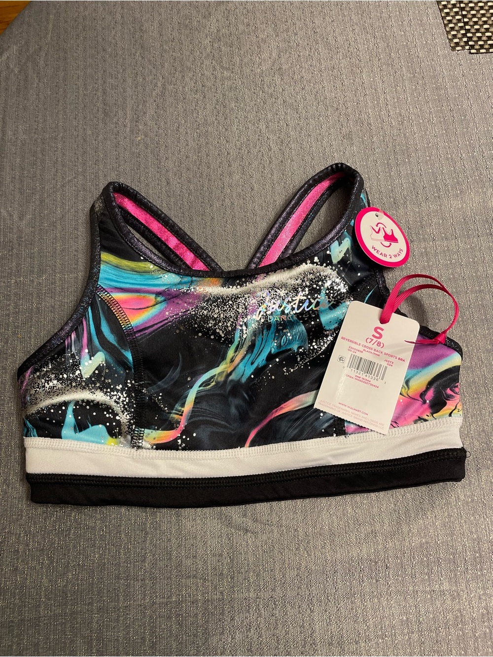 Girl's Black With Swirl Print Pink Reversible Cross Back  Sports Bra -Size 7/8